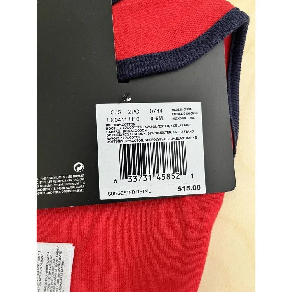 Nike Baby Red Blue Cotton Cuffed Ribbed Trim Swoosh Logo Bib Booties Set 0-6 MO